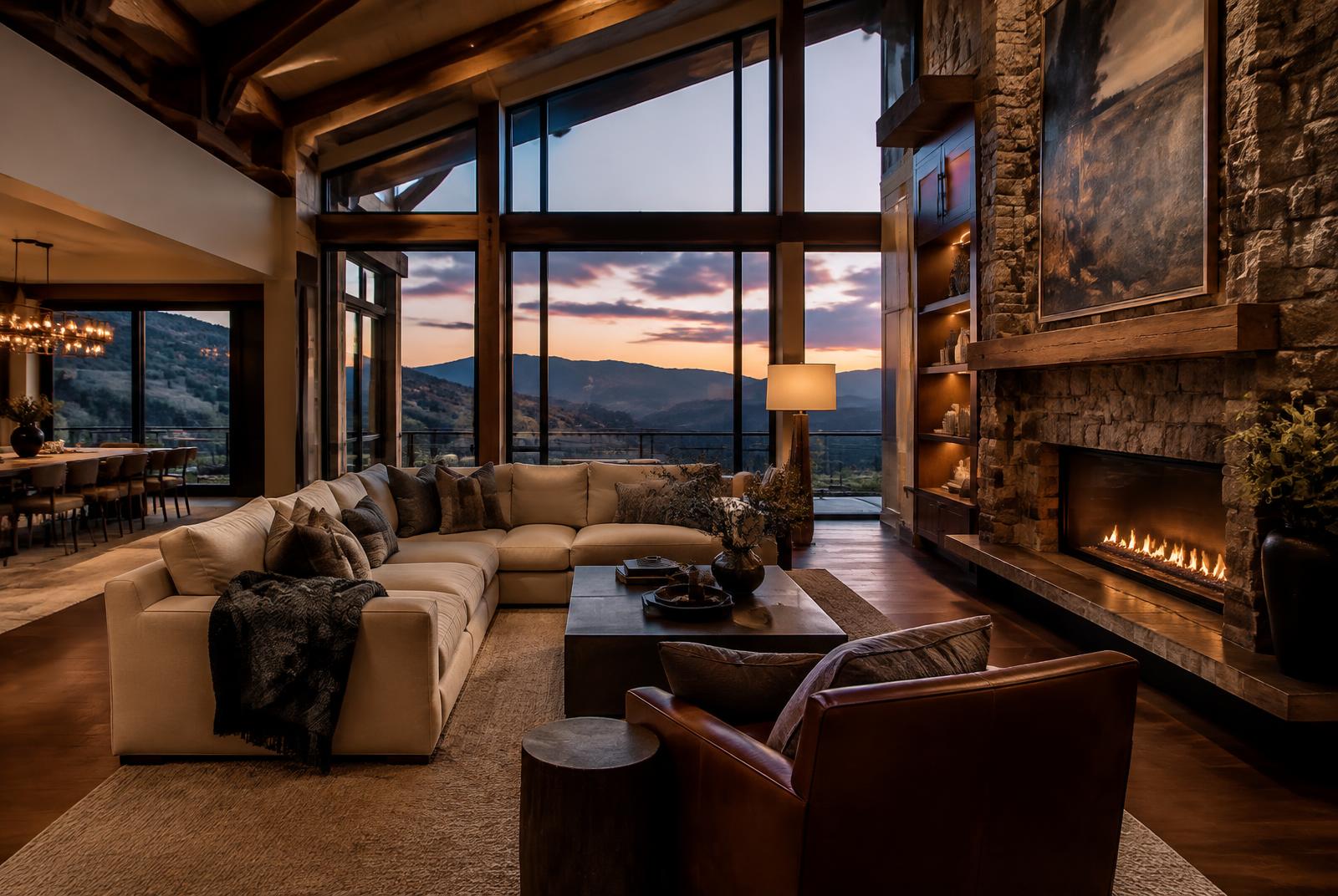 Elegant great room with stone fireplace overlooking the Colorado foothills
